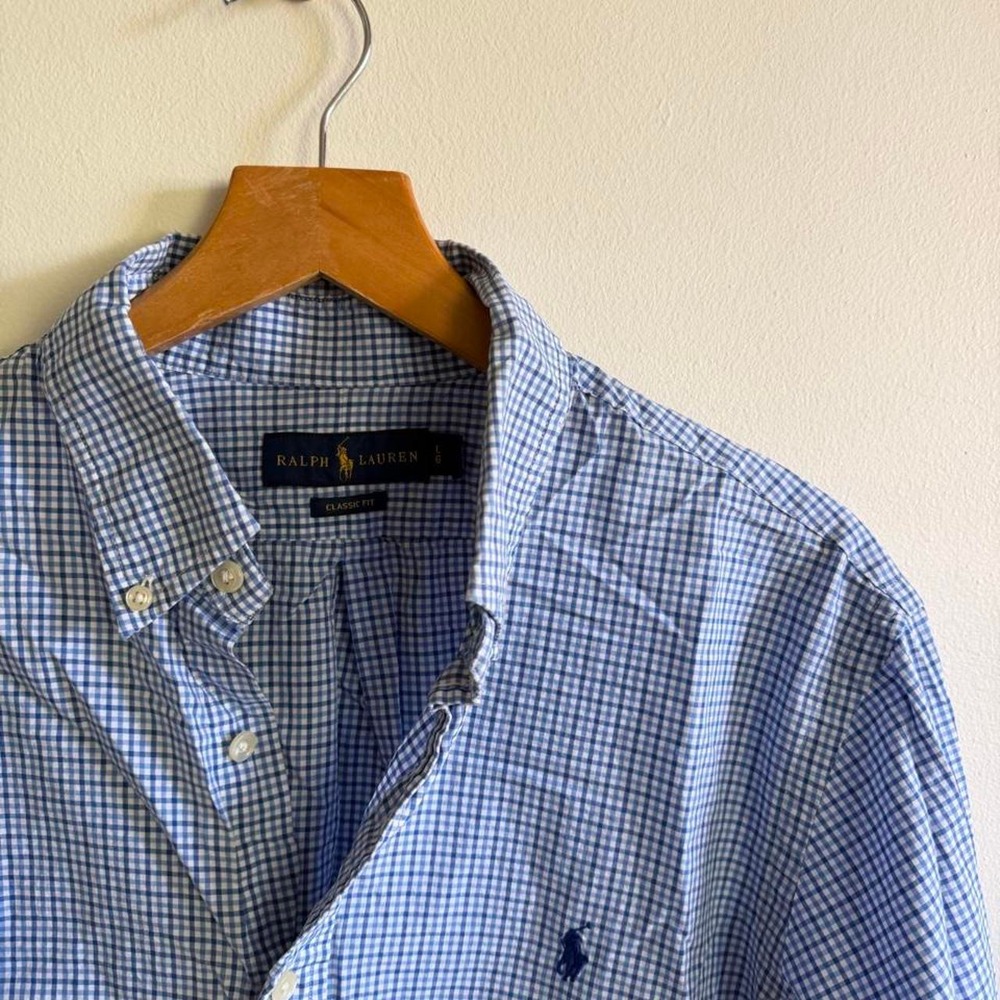 Ralph Lauren blue and white gingham button-up shirt